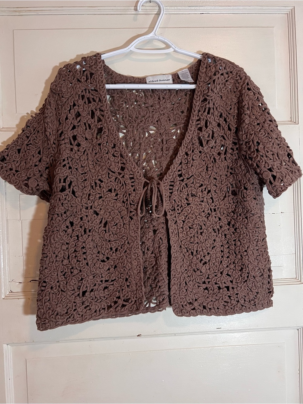 Alfred Dunner Chocolate Brown Crochet Short-Sleeve Cardigan with Tie Front